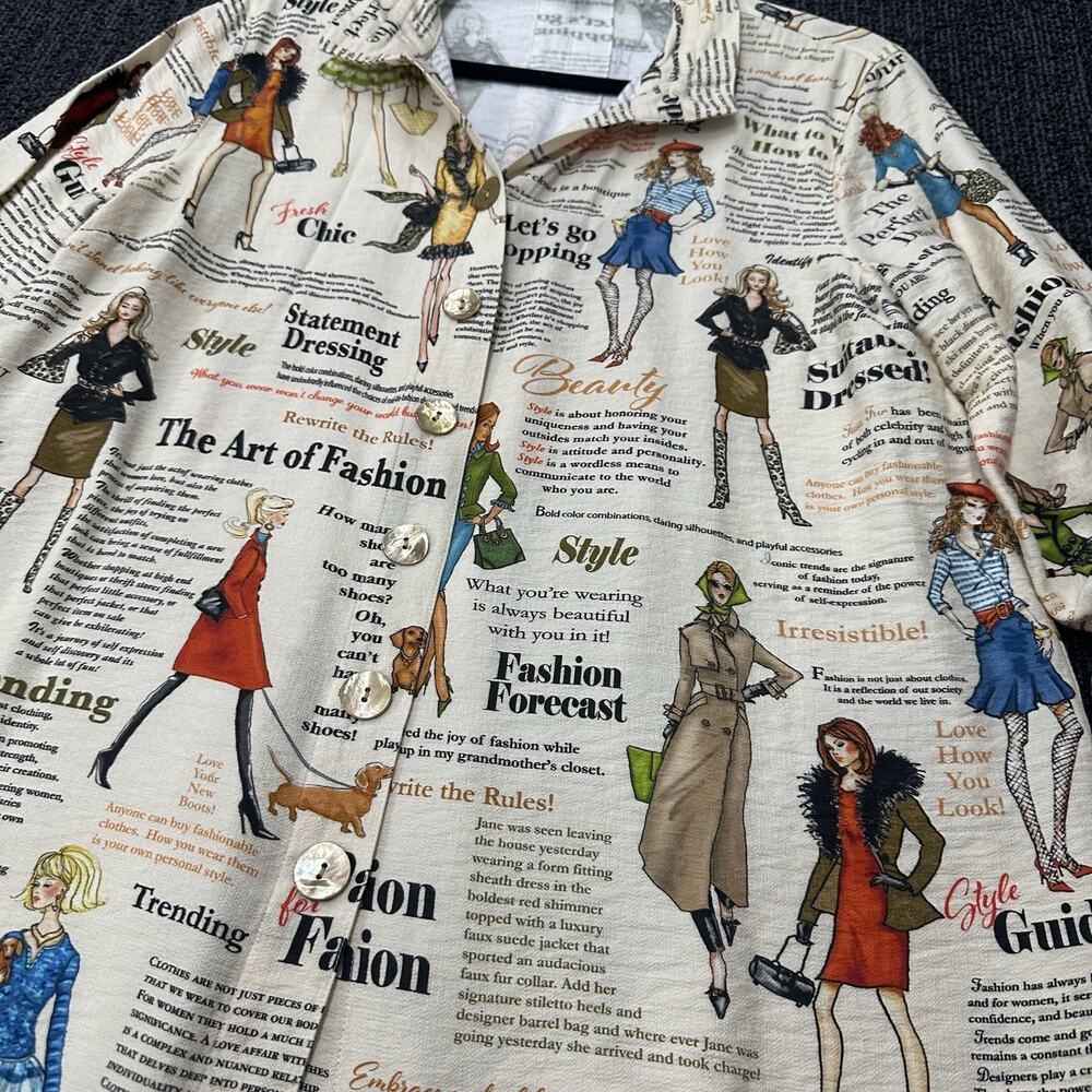 John Mark Button Up Wire Neck Collar Fashion Newsprint Rayon Button 3/4 Sleeve M - Picture 7 of 7